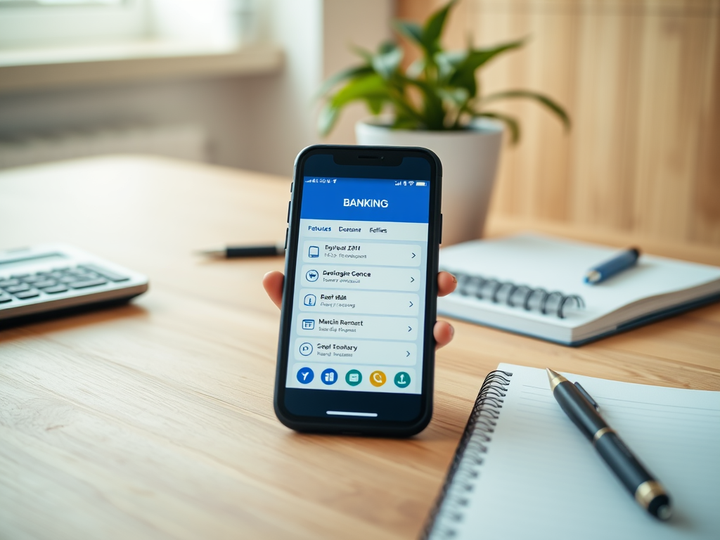 Смартфон с открытым приложением банка на столе с блокнотом и калькулятором. Растение на фоне.